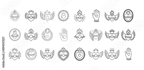 Sacred heart line art set with angel wings and halo symbols for mexican folk art inspired designs