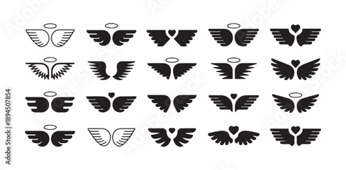 Set of black and white wings vector icon, angel wings with halo illustration line art