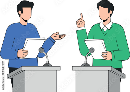 Two Men in Casual Blue and Green Sweaters Giving a Presentation or Debate at Podiums with Microphones Vector Illustration.