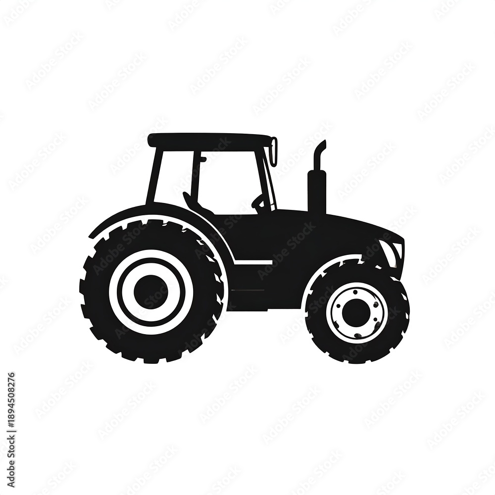 Obraz premium Silhouette of a tractor. Large tire, cabin, and exhaust pipe visible. Side view, white background