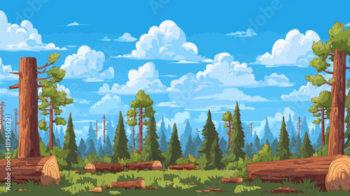Forest logging scene with cut trees and logs under a blue sky