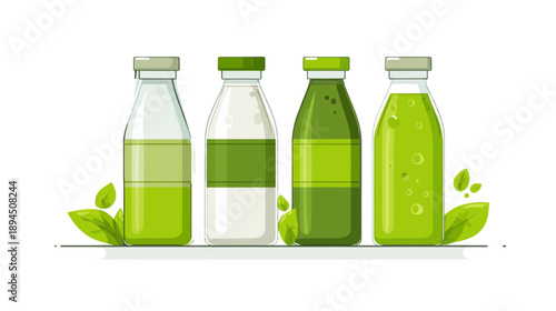 Four Green Juice Bottles on White Background