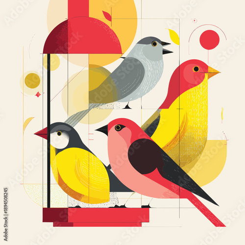 Four Colorful Birds Gathered Near a Feeder Illustration
