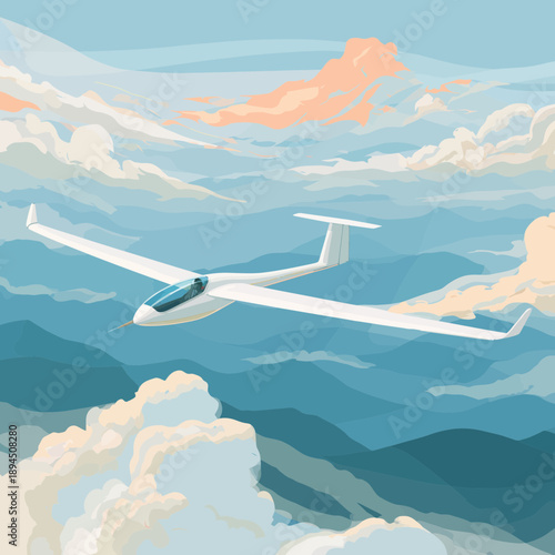 Glider Soaring Through Clouds in a Blue Sky