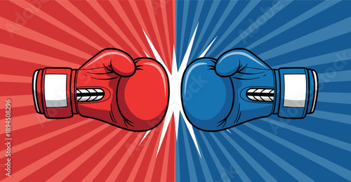 Red and Blue Boxing Gloves Clashing in Combat Sports Competition Vector Illustration with Dynamic Sunburst Background for Athletic Design.
