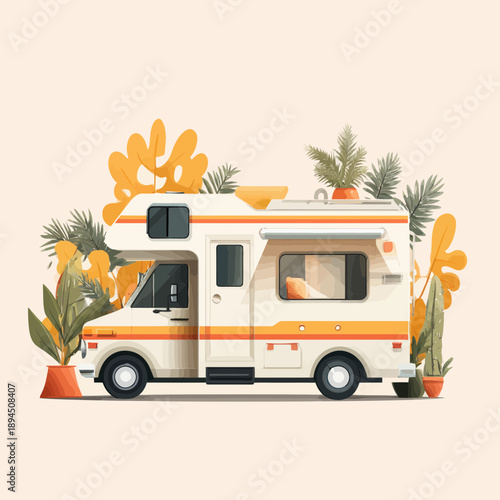 Illustrated Camper Van Amidst Lush Plants