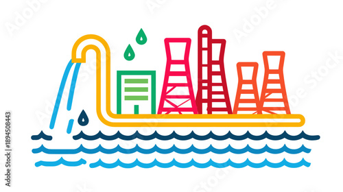 Industrial Water Treatment Facility with Flowing Water and Towers