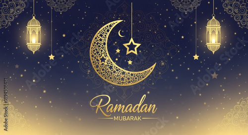 Golden ramadan greeting with crescent moon stars and lanterns in night sky scene