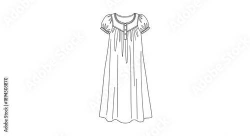 Elegant cotton nightgown illustration with short sleeves, isolated on a white background, showcasing delicate design details and soft fabric texture