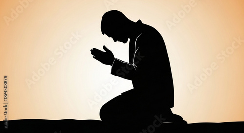 Man in prayer silhouette kneeling in worship hands raised in devotion at sunset
