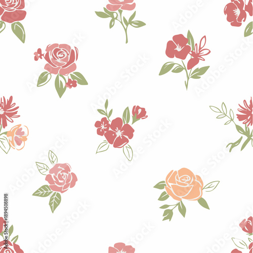 Floral seamless pattern with hand drawn roses on white background