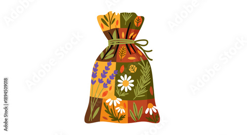 Colorful dried herb sachet with floral patterns isolated on white background, featuring vibrant botanical illustrations and tied with a green ribbon