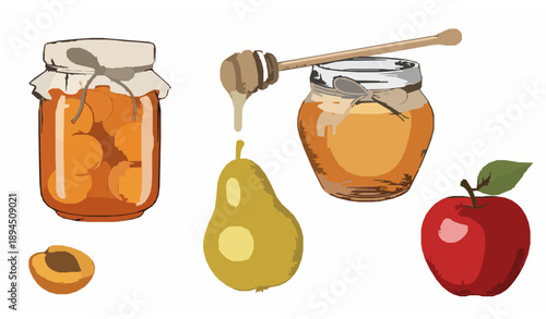 Hand drawn fresh fruit and homemade preserves set with apricot jam jar honey pot pear and apple vector illustration isolated on white