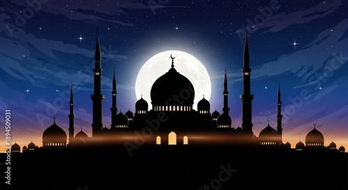Silhouetted mosque with multiple domes and minarets under full moon and starry night sky