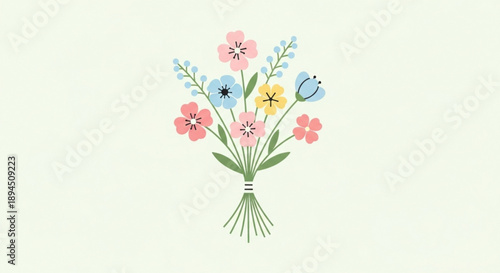 Colorful bouquet of wildflowers tied together with ribbon on light background