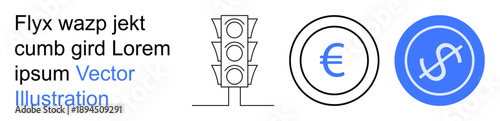Finance, transportation, currency exchange, economic planning, traffic management, monetary symbols. Diagram of a traffic light and currency icons. Finance and transportation concept