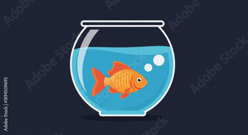 Orange goldfish swimming in transparent glass bowl with blue water against dark background