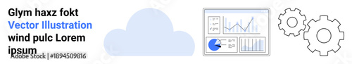 Cloud icon, analytics dashboard showcasing charts and graphs with gear icons representing settings, automation, and technology. Ideal for technology, workflow, data analysis, cloud computing