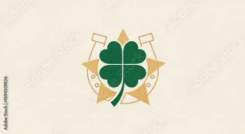 Green four leaf clover emblem with golden badge and flags on cream background symbolizing luck and prosperity