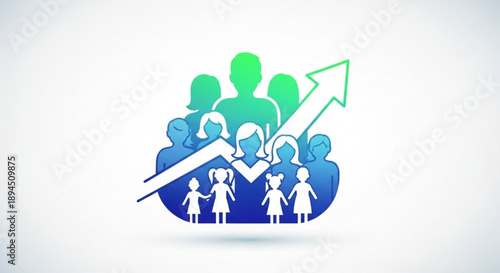Teamwork and success concept with people icons and rising arrow graph