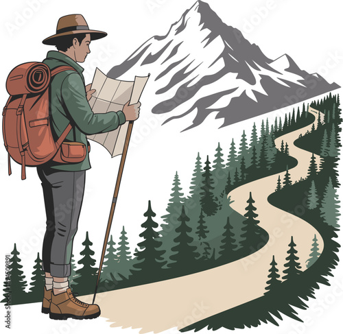 Hiker with backpack and map exploring mountain trail winding through pine forest for outdoor adventure