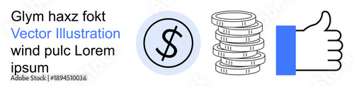 Finance, profit, feedback, monetary systems, online payment, promotion. Circular dollar icon, stacked coins thumbs-up. Finance and profit concepts visually with clear symbols