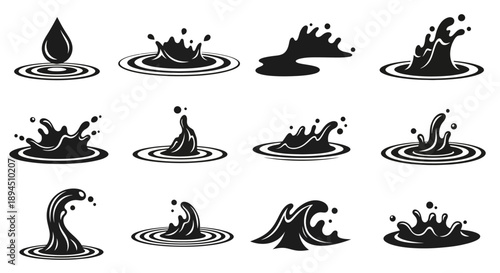 Collection of black water splash and drop illustrations.