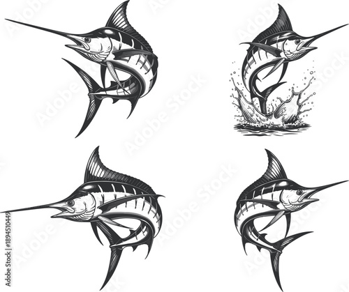 Set of four professional black and white swordfish illustrations isolated on white background for branding
