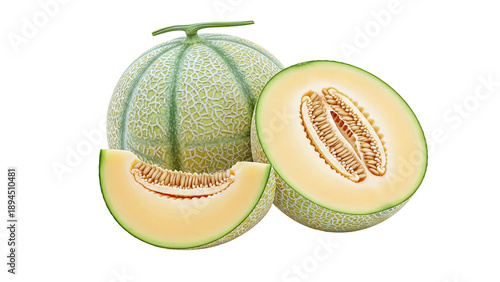 Cantaloupe melon whole, cut in half, and sliced
