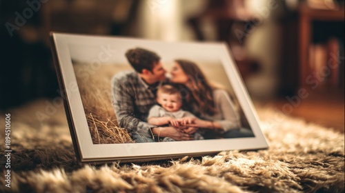 relative. Family photo album on a cozy rug, evoking warmth and domestic harmony. lifestyle magazines, social media lookbooks, designed for lifestyle magazines and social media content.