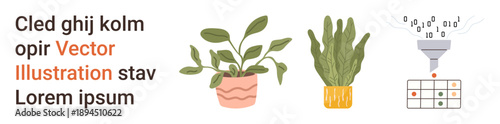 Data processing, technology, nature, eco-friendly design, modern infographic, processes. Potted plants and a data funnel creating an abstract infographic. Data processing and nature