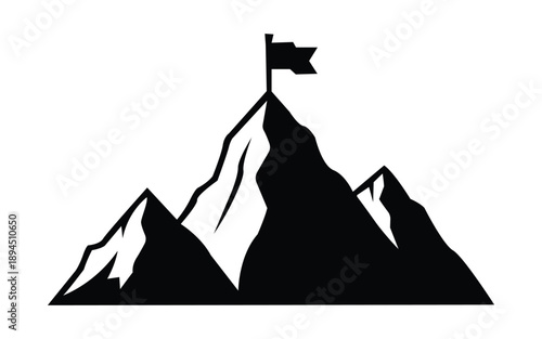 Mountain peak with flag reaching summit success goal achievement top victory illustration