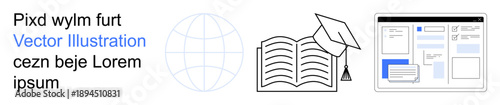 Online learning, education technology, global knowledge, digital courses, academic resources, e-learning platforms. Open book, graduation cap globe and interface layout. Online learning