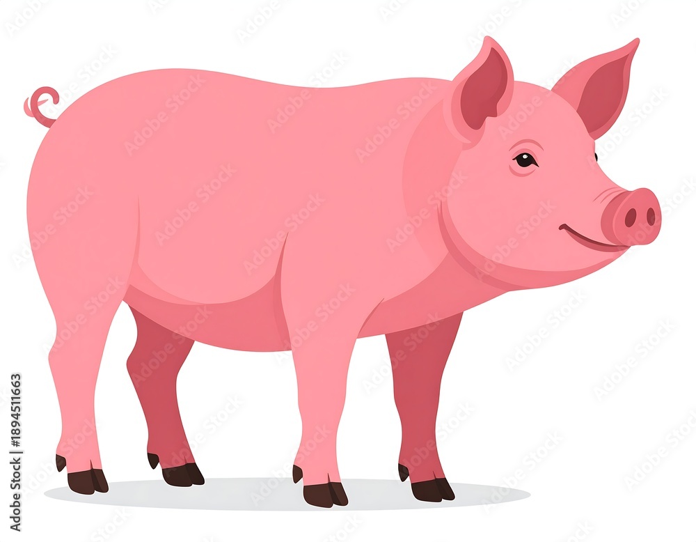 Fototapeta premium A smiling, cartoon-style pig with pink skin and a curly tail