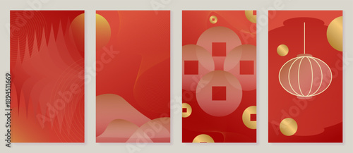Chinese New Year vector background set with red and gold gradients, lantern shapes, plum blossom icons, wave lines and geometric pattern. Festive luxury design for greeting cards, posters, banners.