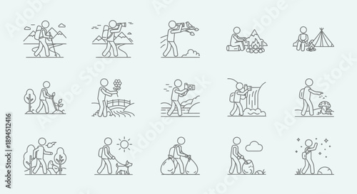 Collection of stick figure hiking and outdoor activity icons.