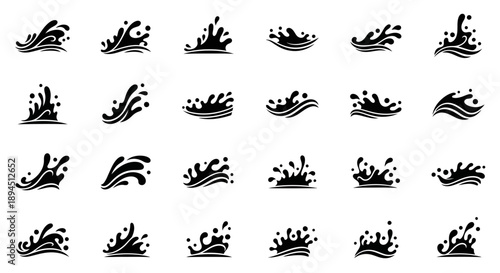 Collection of Black Water Splash Icons and Symbols.