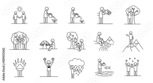 Collection of simple line drawings depicting various outdoor activities and nature scenes.
