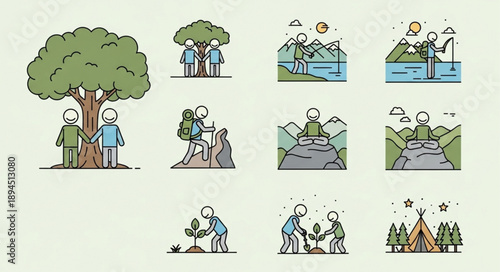 Collection of simple line art illustrations depicting outdoor activities and nature.