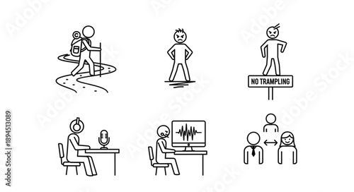 Collection of simple line drawings representing various human activities and concepts.