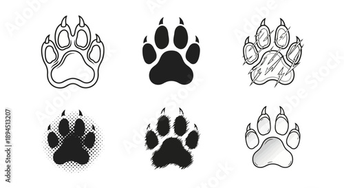 Collection of six different animal paw print illustrations.