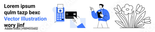 Financial technology, online banking, e-commerce, business operations, botanical design, digital management. Scenes of a card payment, calculator and flowers. Financial technology e-commerce