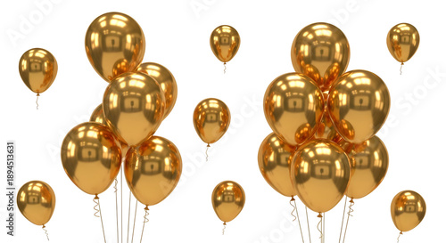 Cluster of golden shiny balloons floating on black background
