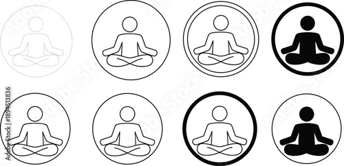 Black and white vector icon set featuring a person in meditation yoga pose inside a circle for mental health mindfulness and wellness branding design