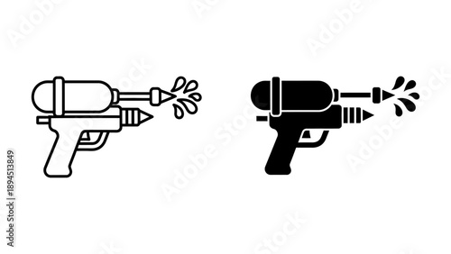 Set of minimalist water gun icons in outline and solid black styles, featuring a toy squirt gun spraying water droplets, perfect for summer fun and outdoor activity designs.