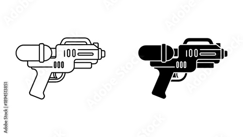 Vintage sci-fi ray gun icon, black outline and solid silhouette vector illustration of a retro space blaster weapon, perfect for gaming or futuristic design elements.