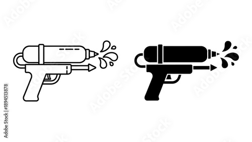Water gun icons in outline and solid black silhouette styles, featuring a toy blaster shooting water droplets, ideal for summer fun, games, and outdoor activity designs.