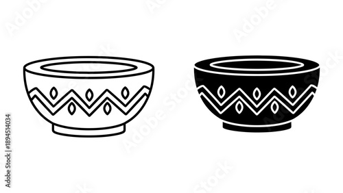 Black and white vector icon set featuring a decorative ceramic bowl or cup, presented in both outline line art and solid glyph, adorned with a traditional tribal zigzag pattern, isolated on white.