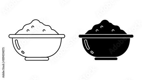 Bowl of food icon set, featuring both outline and solid glyph styles, isolated on a white background. Represents a serving of rice, porridge, or flour, perfect for cooking apps and menus.