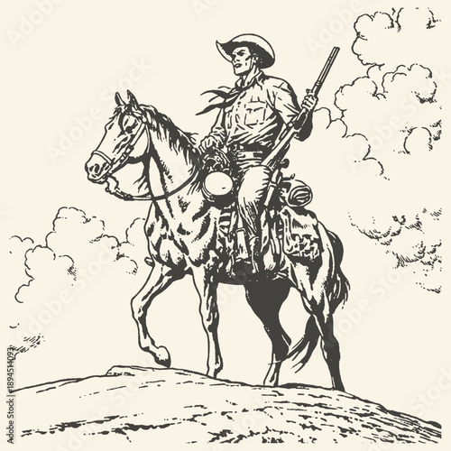 Vintage illustration of a rugged cowboy on horseback, holding a rifle and surveying the landscape with a determined gaze.